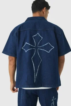 Online boohooMAN Boxy Revere Raw Edge Denim Cross Applique Shirt indigo