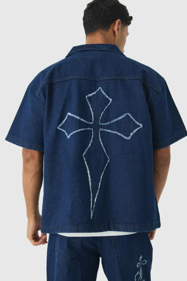 Online boohooMAN Boxy Revere Raw Edge Denim Cross Applique Shirt indigo