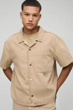 Outlet boohooMAN Boxy Revere Washed Denim Shirt light brown