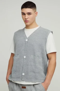 Sale boohooMAN Boxy Ribbed Contrast Button Knitted Vest grey