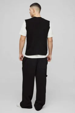 Cheap boohooMAN Boxy Ribbed Contrast Button Knitted Vest black