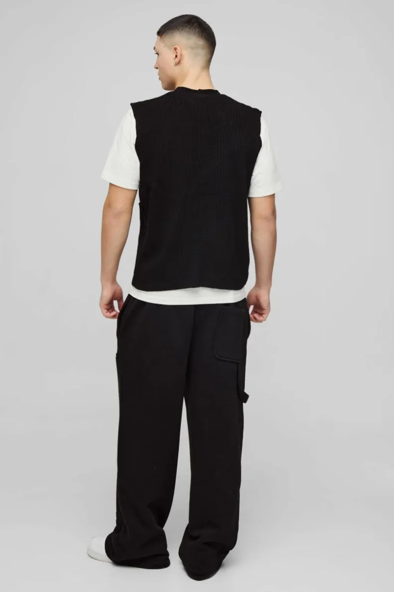 Cheap boohooMAN Boxy Ribbed Contrast Button Knitted Vest black