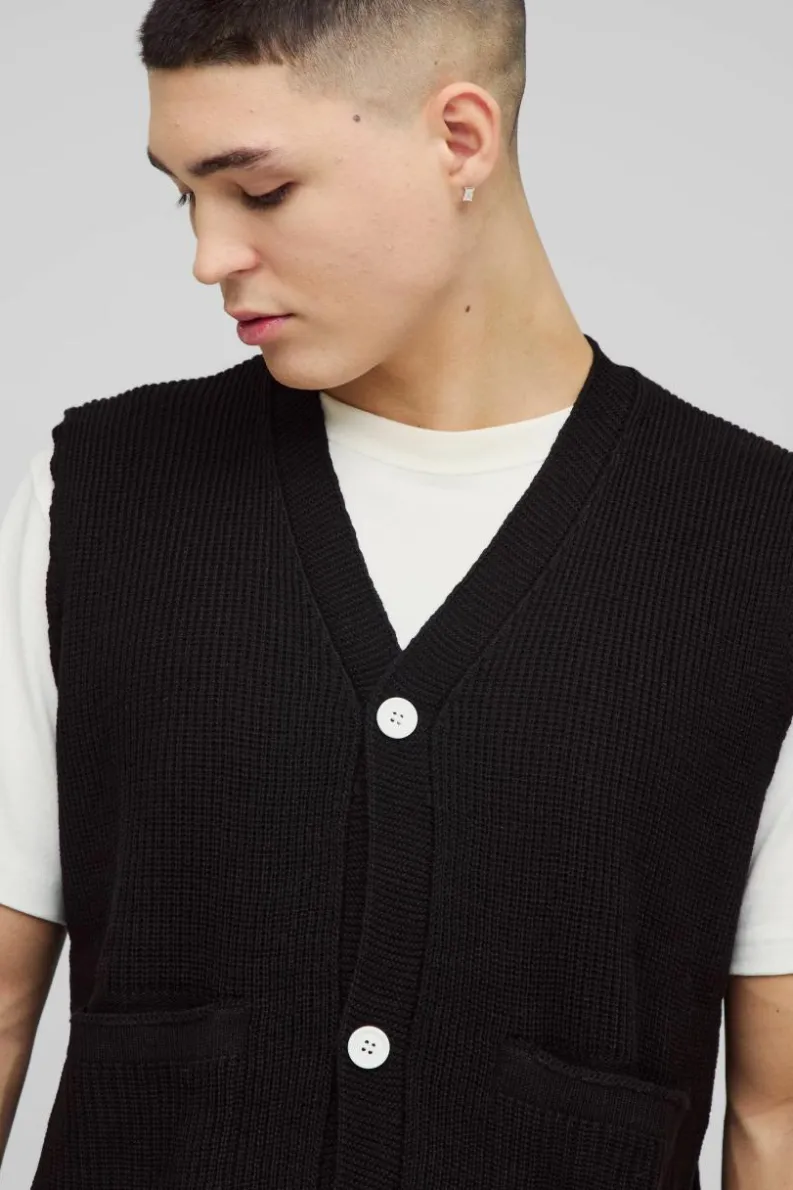 Cheap boohooMAN Boxy Ribbed Contrast Button Knitted Vest black