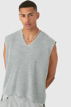 Cheap boohooMAN Boxy Ribbed V Neck Sweater Vest light grey