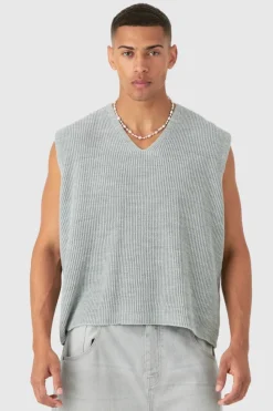 Cheap boohooMAN Boxy Ribbed V Neck Sweater Vest light grey