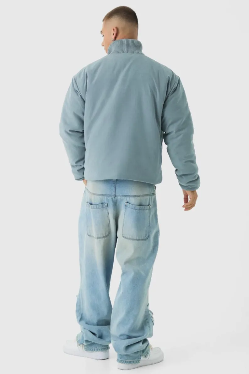 Best boohooMAN Boxy Rib Collar Bomber Jacket In Blue light blue