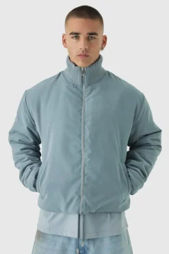 Best boohooMAN Boxy Rib Collar Bomber Jacket In Blue light blue