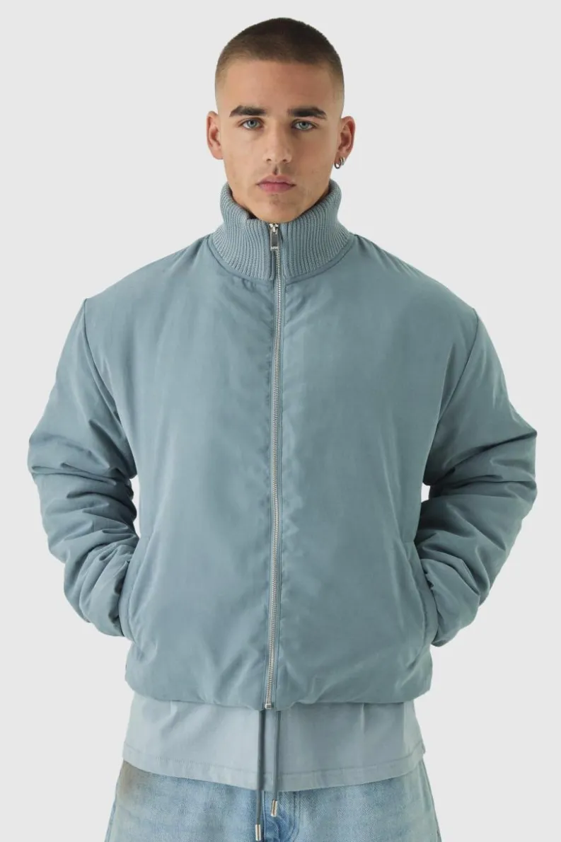 Best boohooMAN Boxy Rib Collar Bomber Jacket In Blue light blue