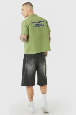 Hot boohooMAN Boxy Short Sleeve Moto Poplin Shirt green