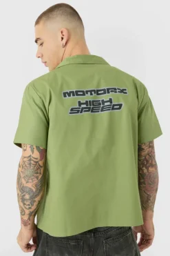 Hot boohooMAN Boxy Short Sleeve Moto Poplin Shirt green