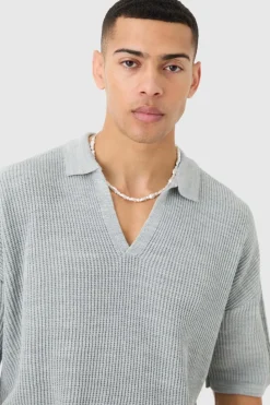 Shop boohooMAN Boxy Short Sleeve Ribbed Knit Polo light grey