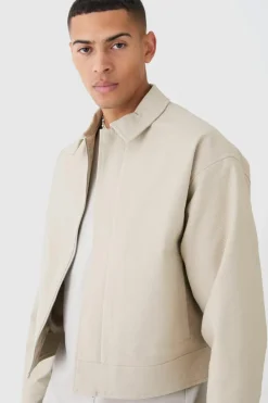Clearance boohooMAN Boxy Smart Ribbed Twill Harrington Jacket stone