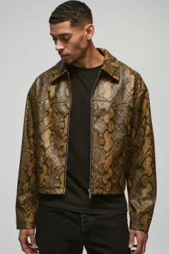 Best Sale boohooMAN Boxy Snake PU Harrington Jacket In brown