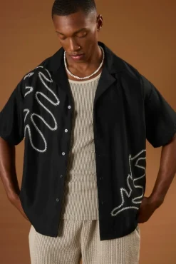 Cheap boohooMAN Boxy Soft Twill Cartoon Leaf Embroidered Shirt black
