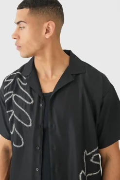Cheap boohooMAN Boxy Soft Twill Cartoon Leaf Embroidered Shirt black
