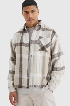 Online boohooMAN Boxy Split Hem Brushed Check Overshirt multi