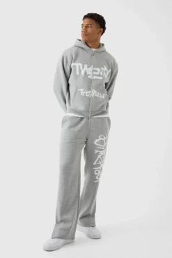 Hot boohooMAN Boxy Spray Graffiti Print Split Hem Hooded Tracksuit grey marl