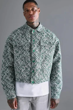 Clearance boohooMAN Boxy Textured Jacquard Collared Jacket green