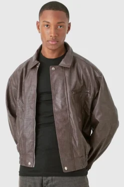 New boohooMAN Boxy Textured PU Bomber Jacket In brown