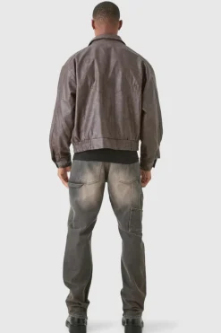 New boohooMAN Boxy Textured PU Bomber Jacket In brown