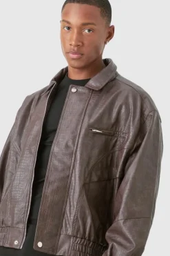 New boohooMAN Boxy Textured PU Bomber Jacket In brown