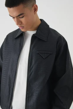 Cheap boohooMAN Boxy Textured PU Collared Bomber Jacket In black