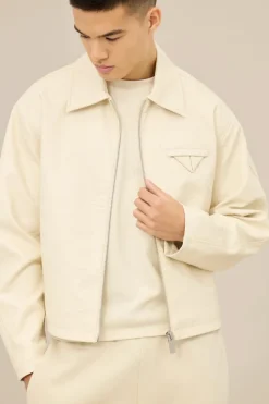 Discount boohooMAN Boxy Textured PU Collared Bomber Jacket In ecru