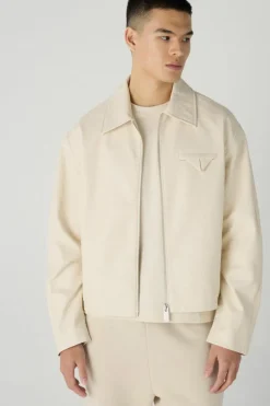 Discount boohooMAN Boxy Textured PU Collared Bomber Jacket In ecru
