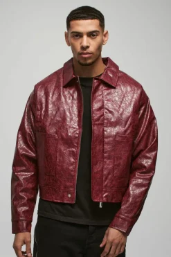 Fashion boohooMAN Boxy Textu Pu Harrington Jacket In red