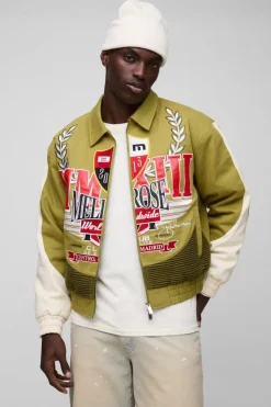 Store boohooMAN Boxy Twill Ribbed Moto Jacket green