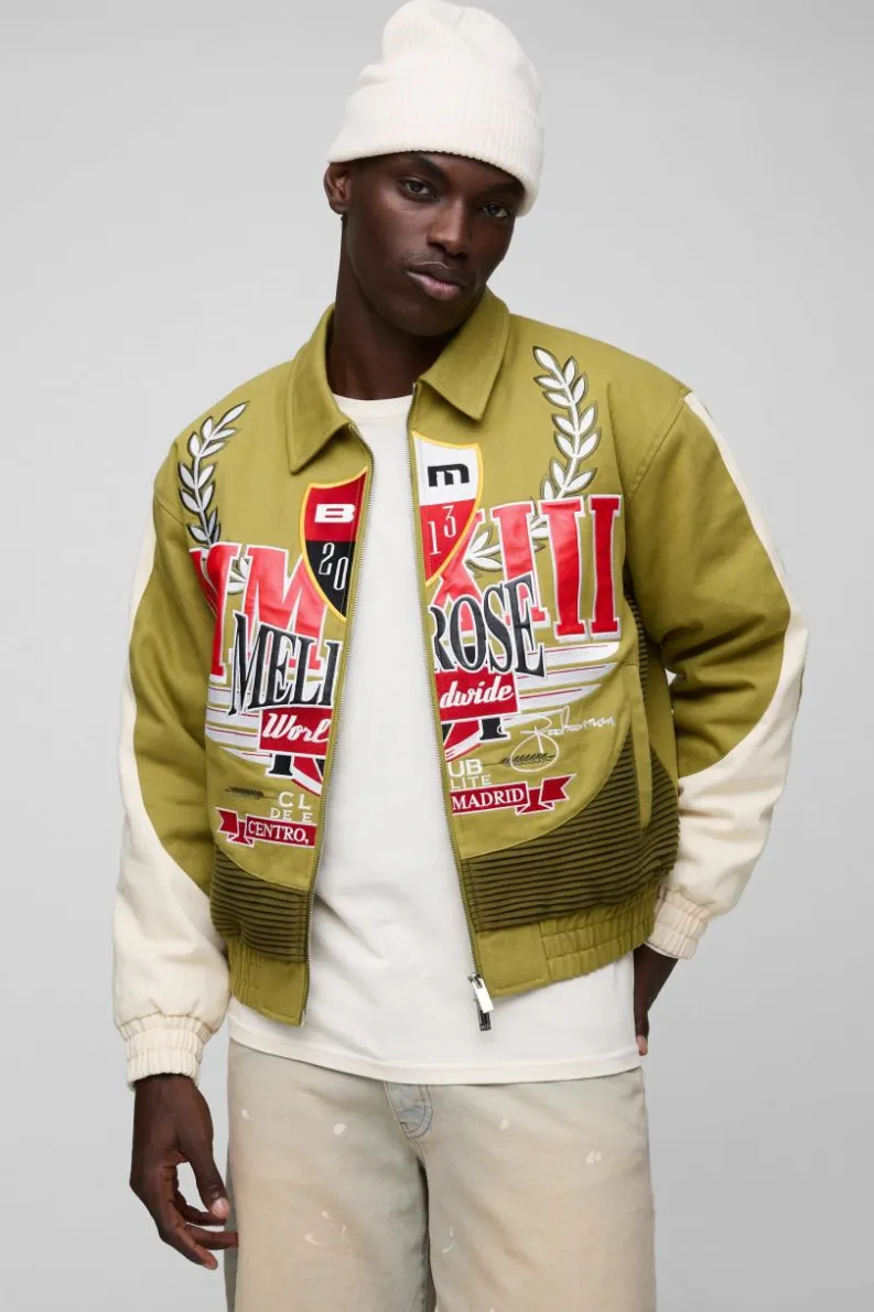 Store boohooMAN Boxy Twill Ribbed Moto Jacket green