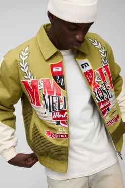 Store boohooMAN Boxy Twill Ribbed Moto Jacket green