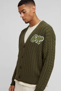 Cheap boohooMAN Boxy Varsity Applique Knitted Cardigan khaki