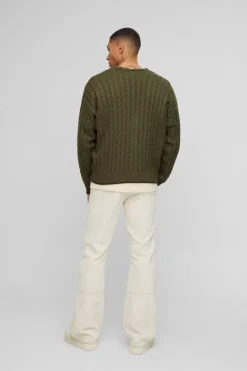 Cheap boohooMAN Boxy Varsity Applique Knitted Cardigan khaki