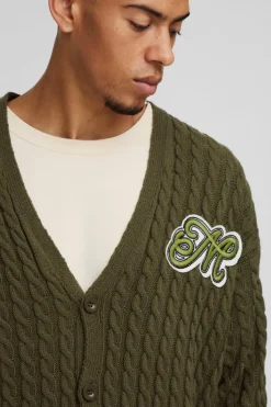 Cheap boohooMAN Boxy Varsity Applique Knitted Cardigan khaki