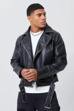 Clearance boohooMAN Boxy Vintage Pu Biker Jacket black