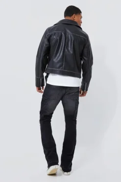 Clearance boohooMAN Boxy Vintage Pu Biker Jacket black