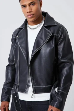 Clearance boohooMAN Boxy Vintage Pu Biker Jacket black