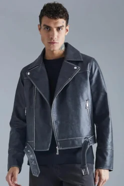 New boohooMAN Boxy Vintage Pu Biker Jacket grey