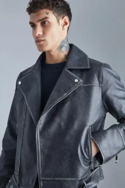 New boohooMAN Boxy Vintage Pu Biker Jacket grey