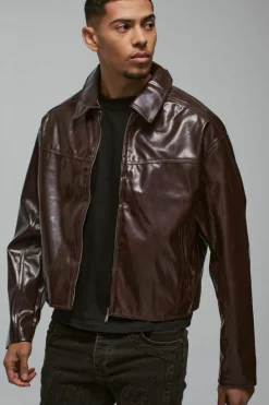 Sale boohooMAN Boxy Vinyl PU Harrington Jacket In burgundy