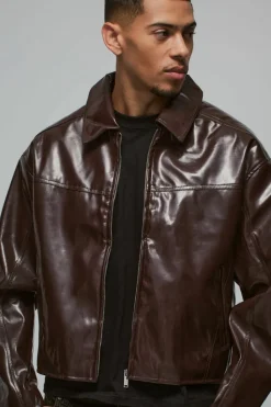 Sale boohooMAN Boxy Vinyl PU Harrington Jacket In burgundy