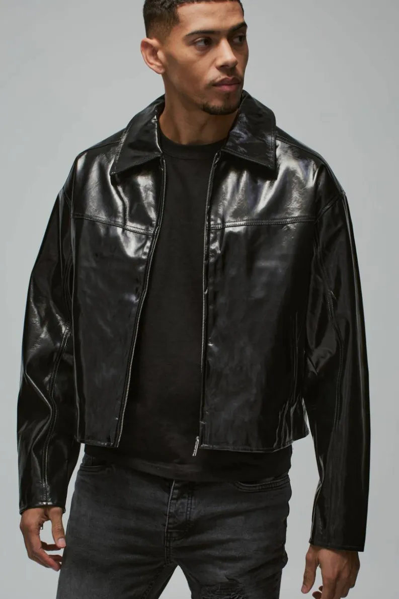 Store boohooMAN Boxy Vinyl PU Harrington Jacket In black