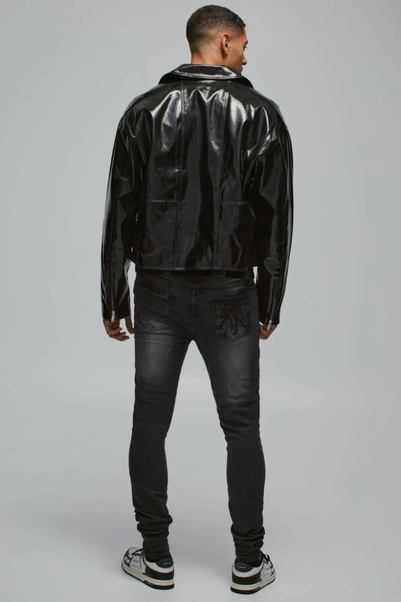 Store boohooMAN Boxy Vinyl PU Harrington Jacket In black