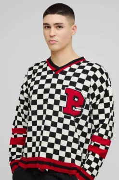 Clearance boohooMAN Boxy V Neck Boxy Distressed Checked Varsity Jumper black