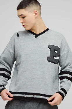 Cheap boohooMAN Boxy V Neck Boxy Distressed Varsity Jumper brown