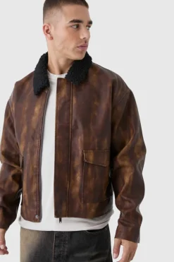 Store boohooMAN Boxy Washed PU Harrington Jacket With Borg Collar In brown