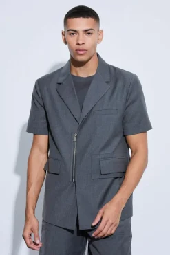 Sale boohoo Boxy Zip Detail Short Sleeve Blazer & Short grey