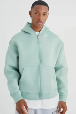 Outlet boohooMAN Boxy Zip Through Bonded Scuba Hoodie sage