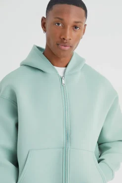 Outlet boohooMAN Boxy Zip Through Bonded Scuba Hoodie sage